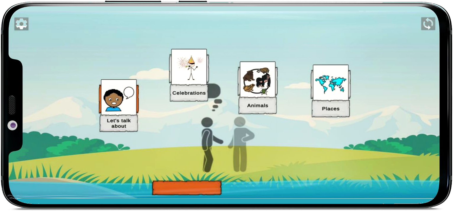 Talk With Me app showing topics to talk about: Celebrations, Animals and Places